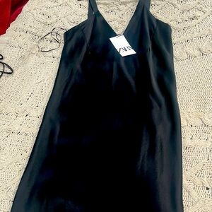 Zara satin effect v neck black maxi dress NWT